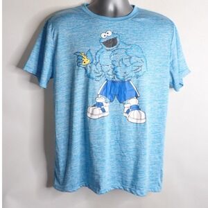 COOKIE MONSTER Muscled Up Pose Blue Shirt Men's L Muppet SESAME STREET